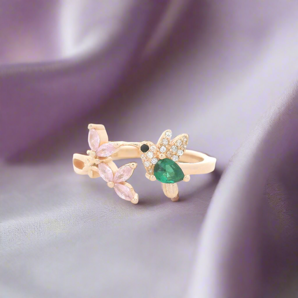 Floral Design Ring for Green Stone