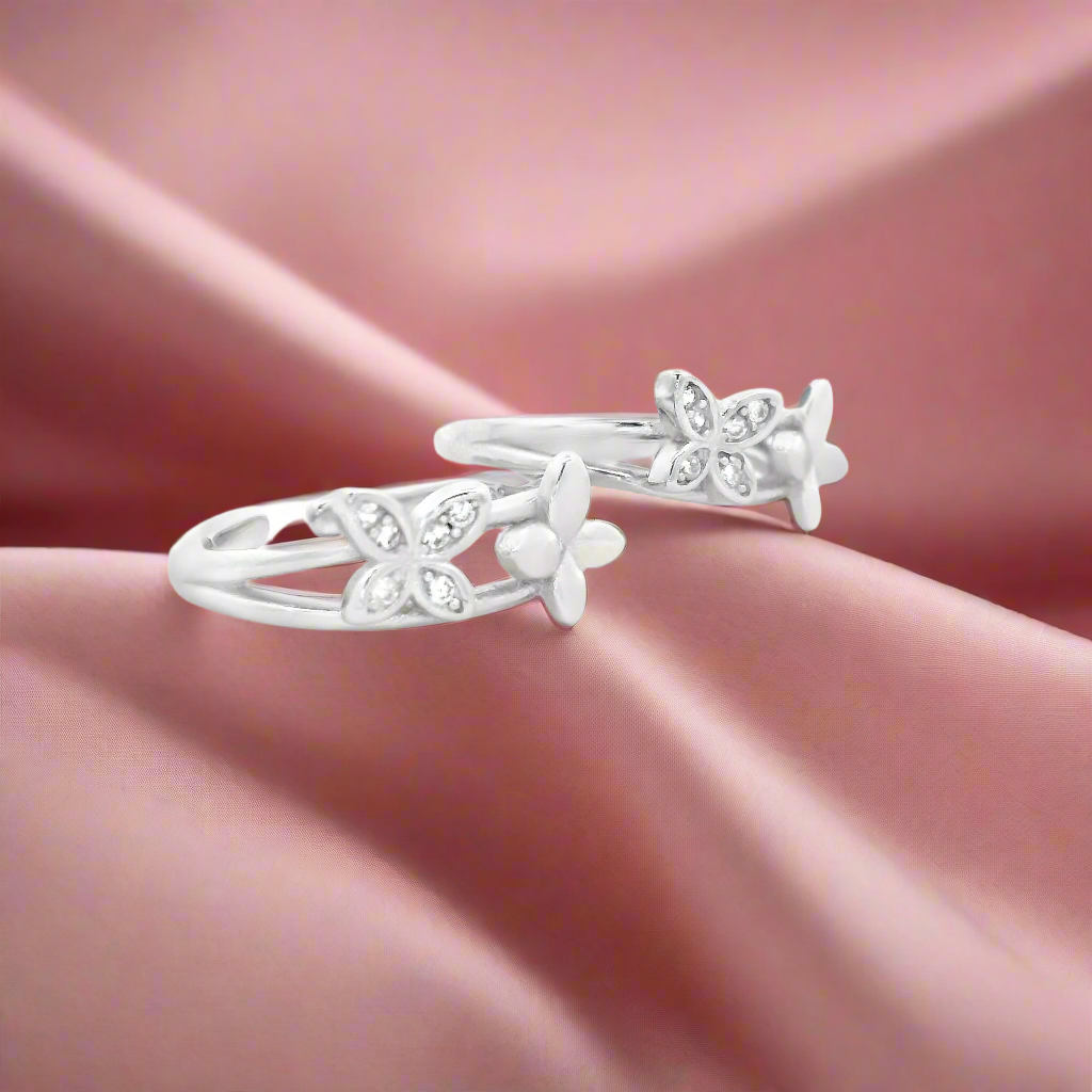 Flower Silver Toe Rings with Stones