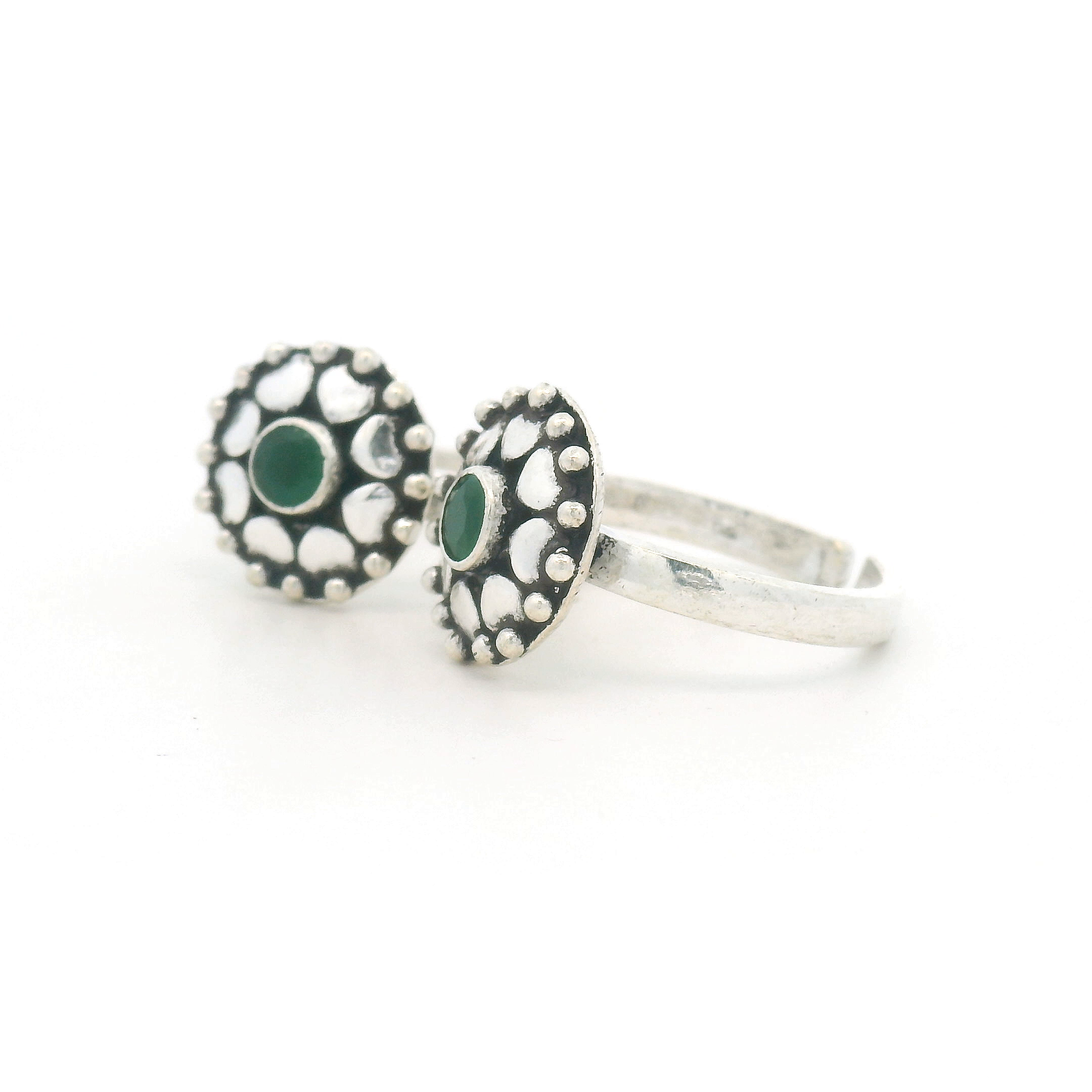 Silver and Green Stone Toe Rings
