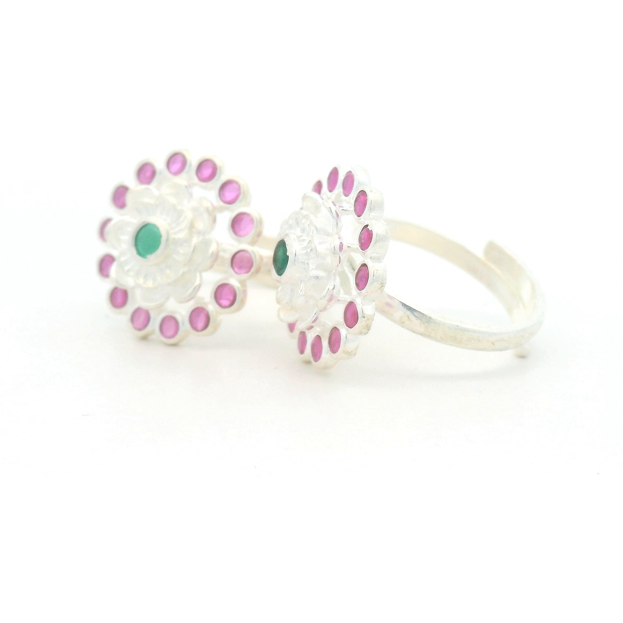 Dual Tone Flower CZ Toe Ring – Pink & Green