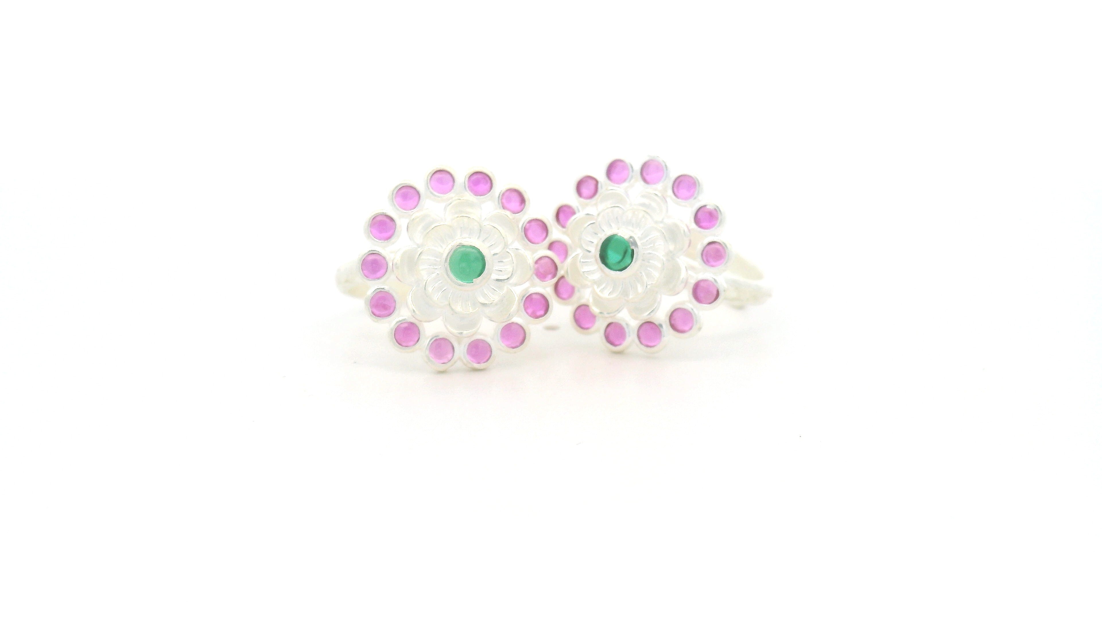 Dual Tone Flower CZ Toe Ring – Pink & Green