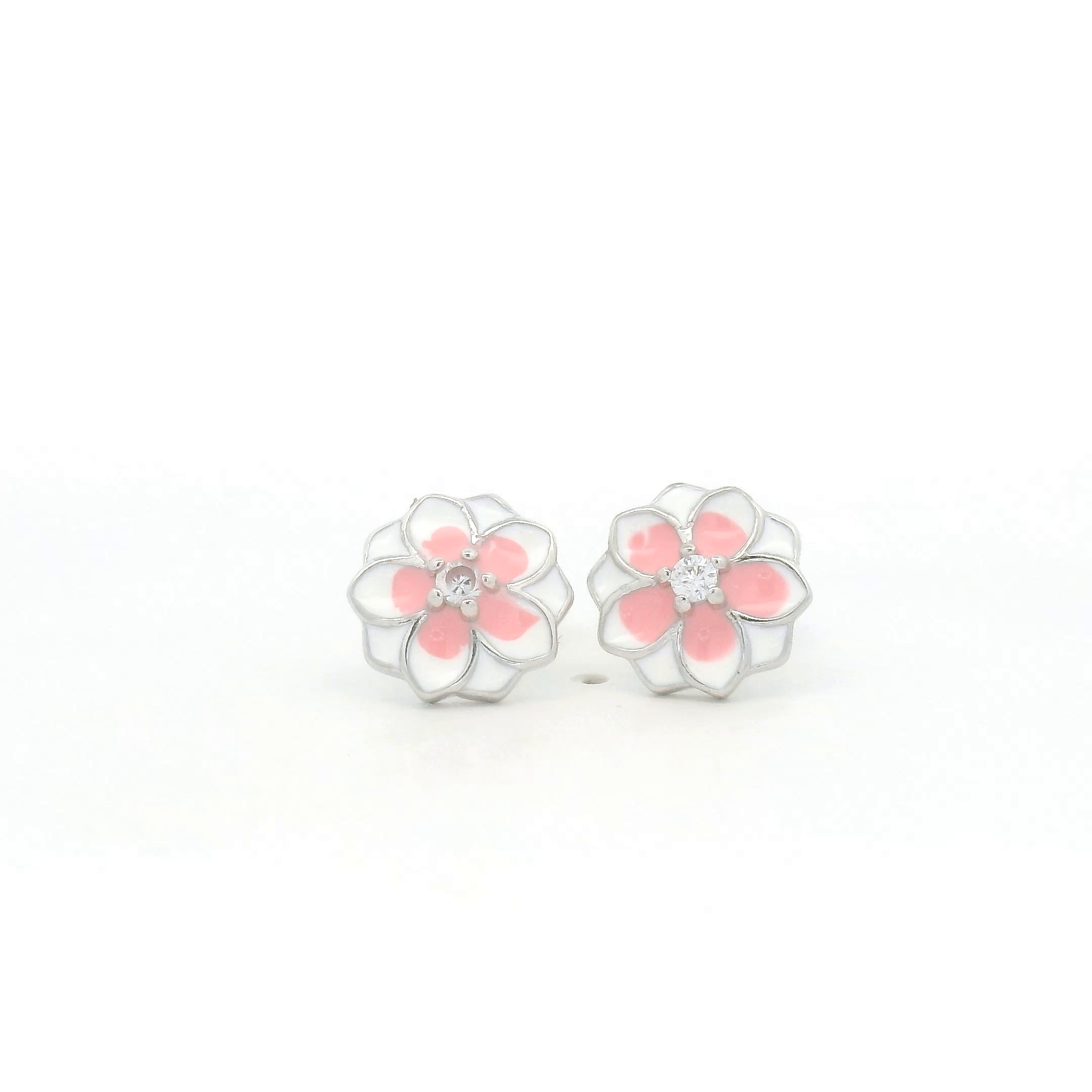 Silver Blossom Stud Earrings with Pink Gemstones