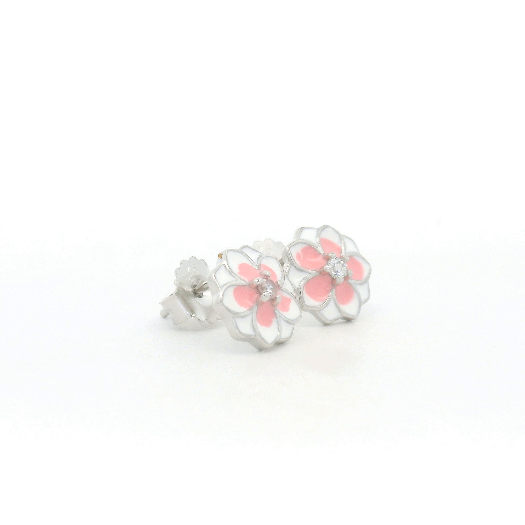 Silver Blossom Stud Earrings with Pink Gemstones