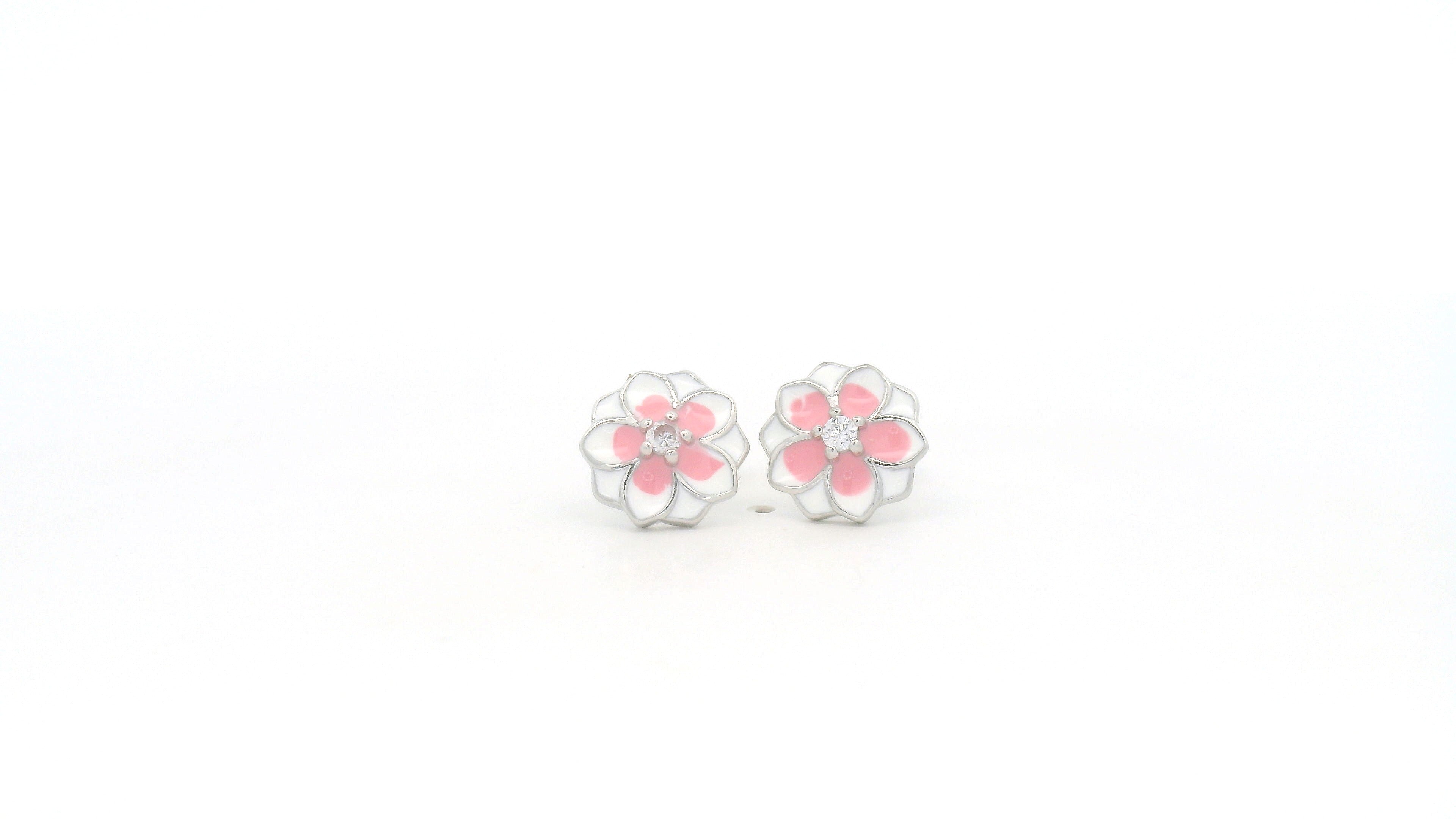 Silver Blossom Stud Earrings with Pink Gemstones
