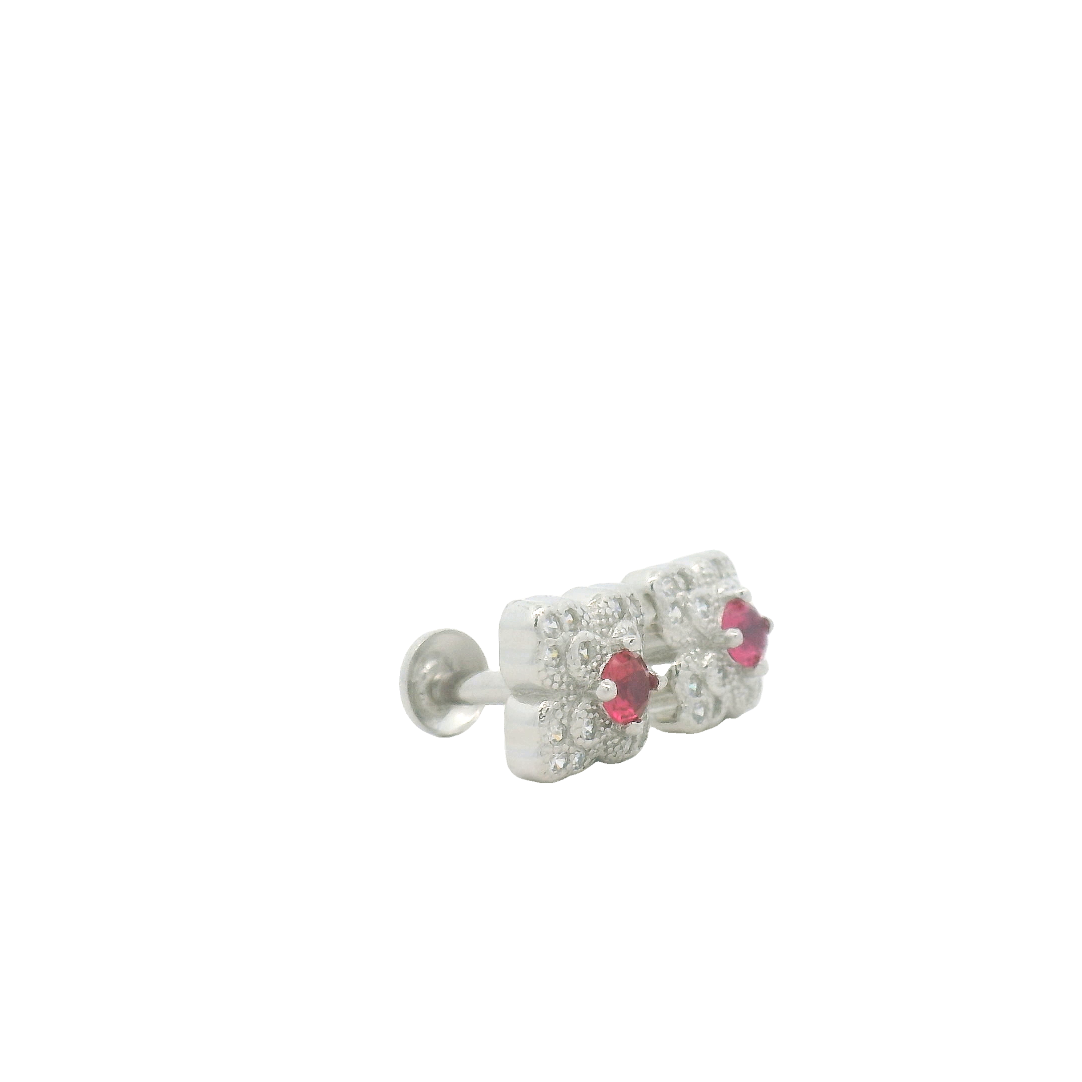 Silver Flower Stud Earrings with Red Gemstone – Bold & Beautiful Design