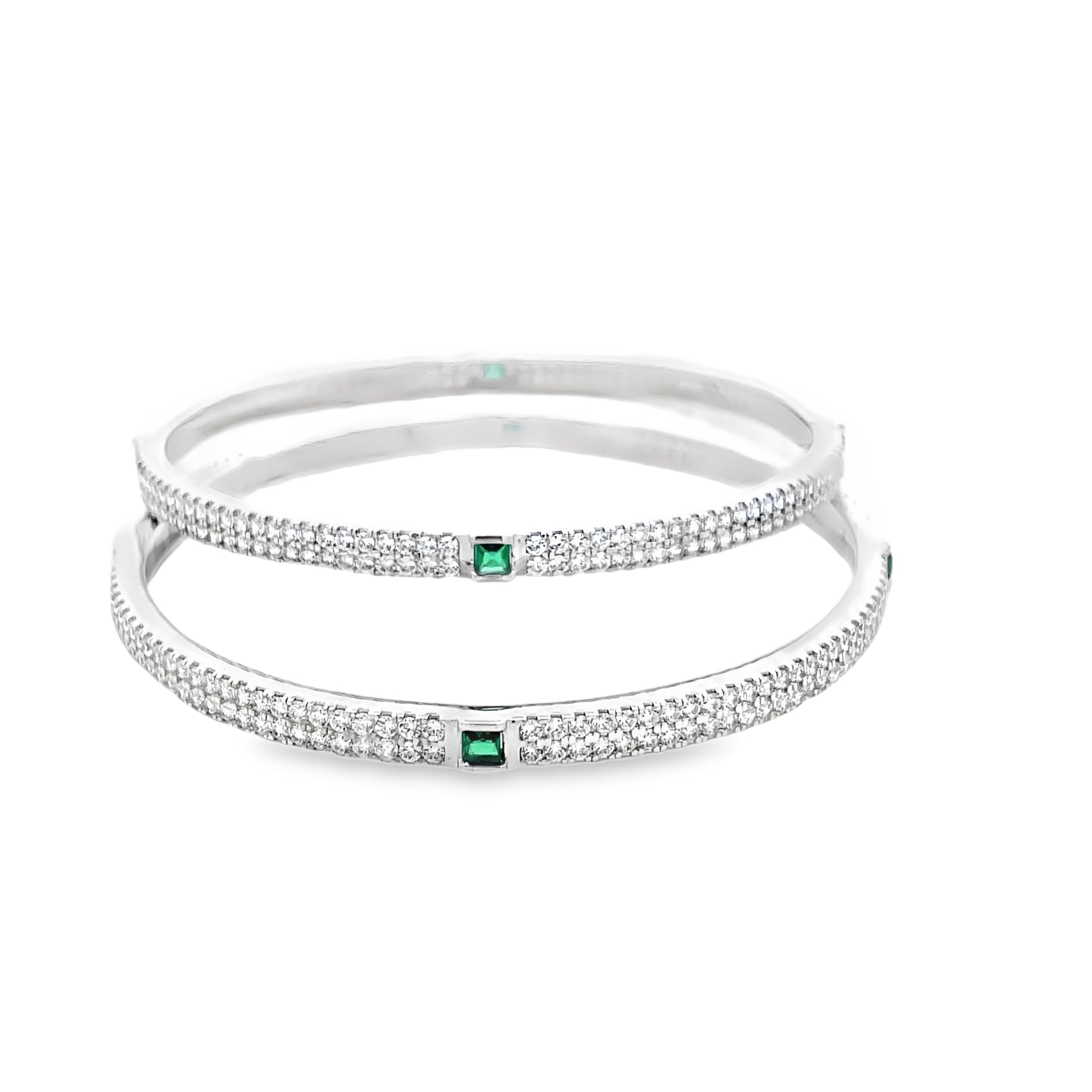 Elegant Silver Bangles with Emerald Accents