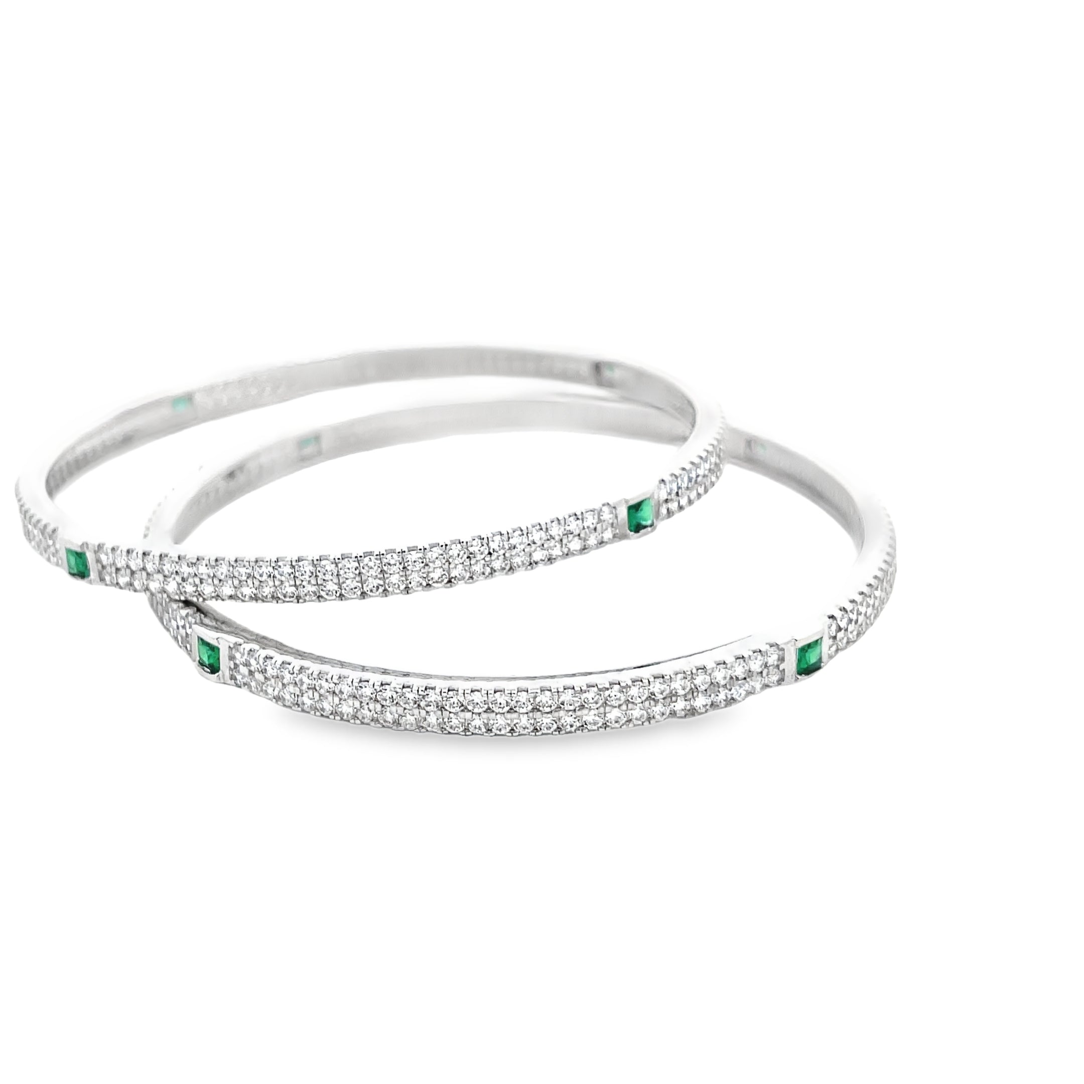Elegant Silver Bangles with Emerald Accents