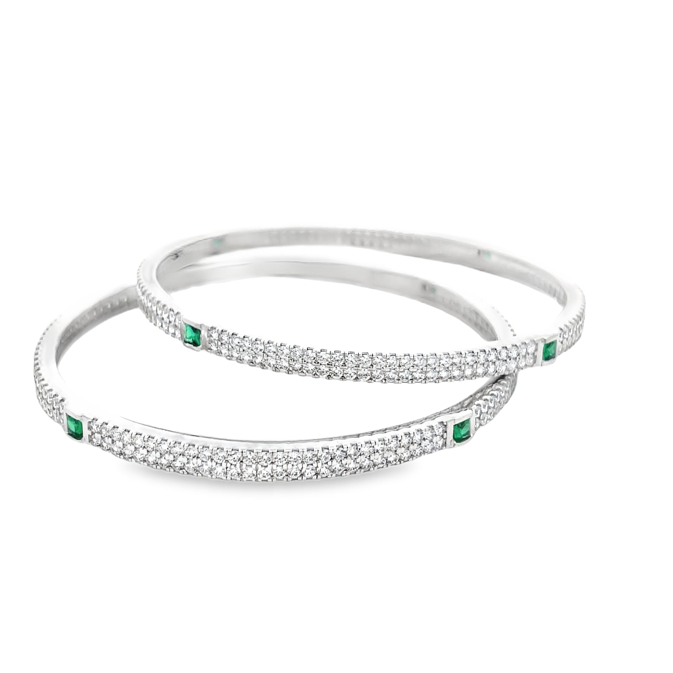 Elegant Silver Bangles with Emerald Accents
