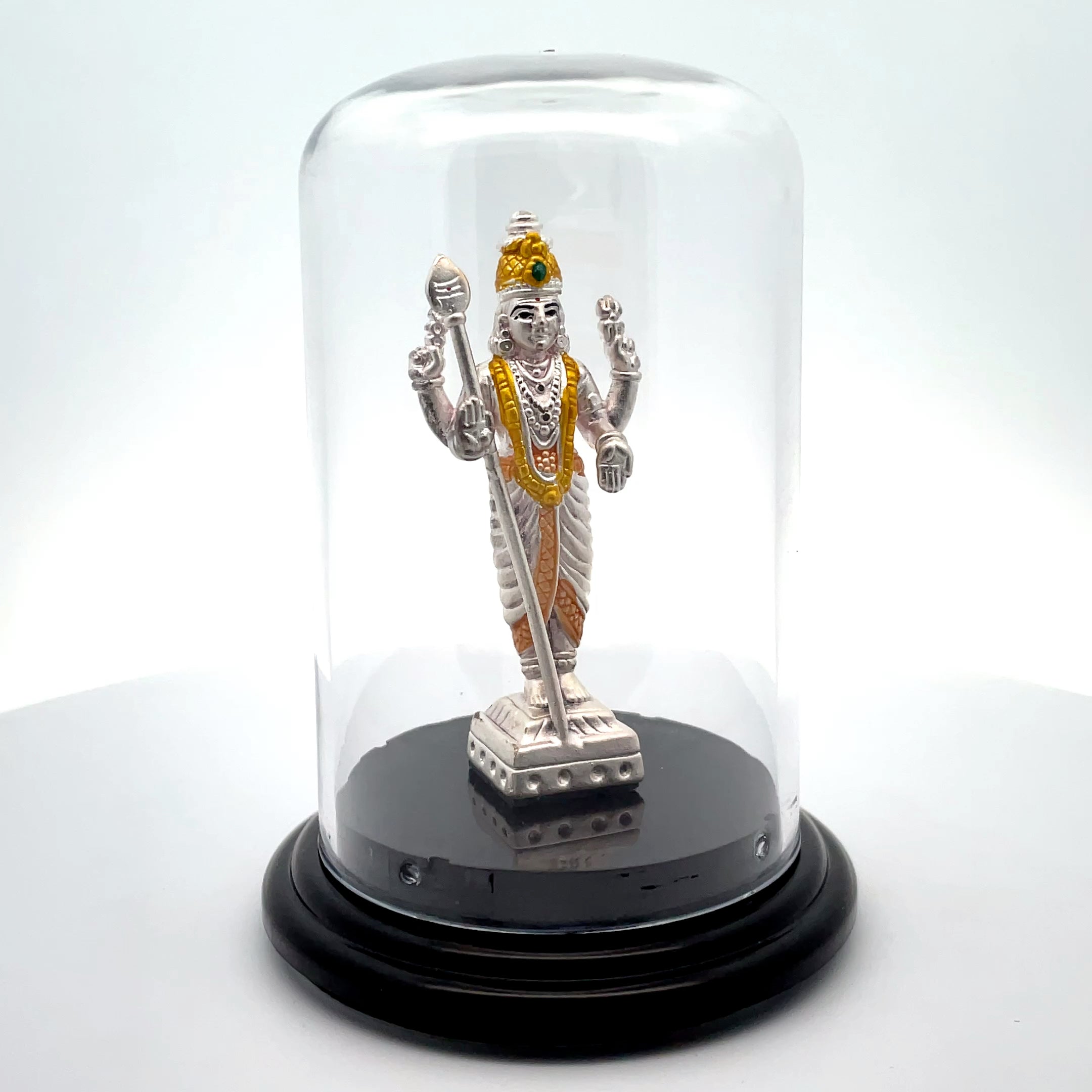 Elegant Silver Murugan Statue Under Glass