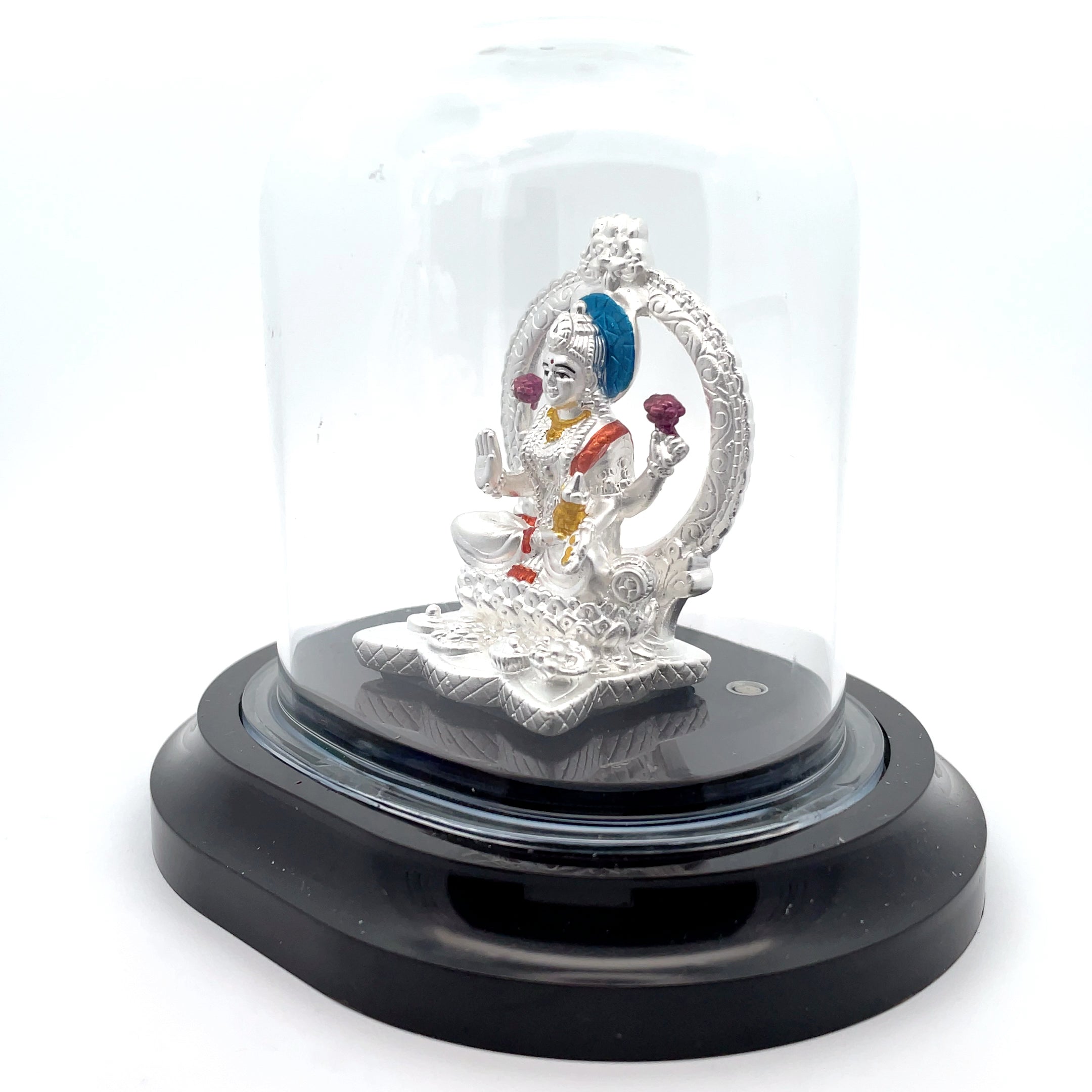 Elegant Silver Lakshmi Statue Under Glass Dome