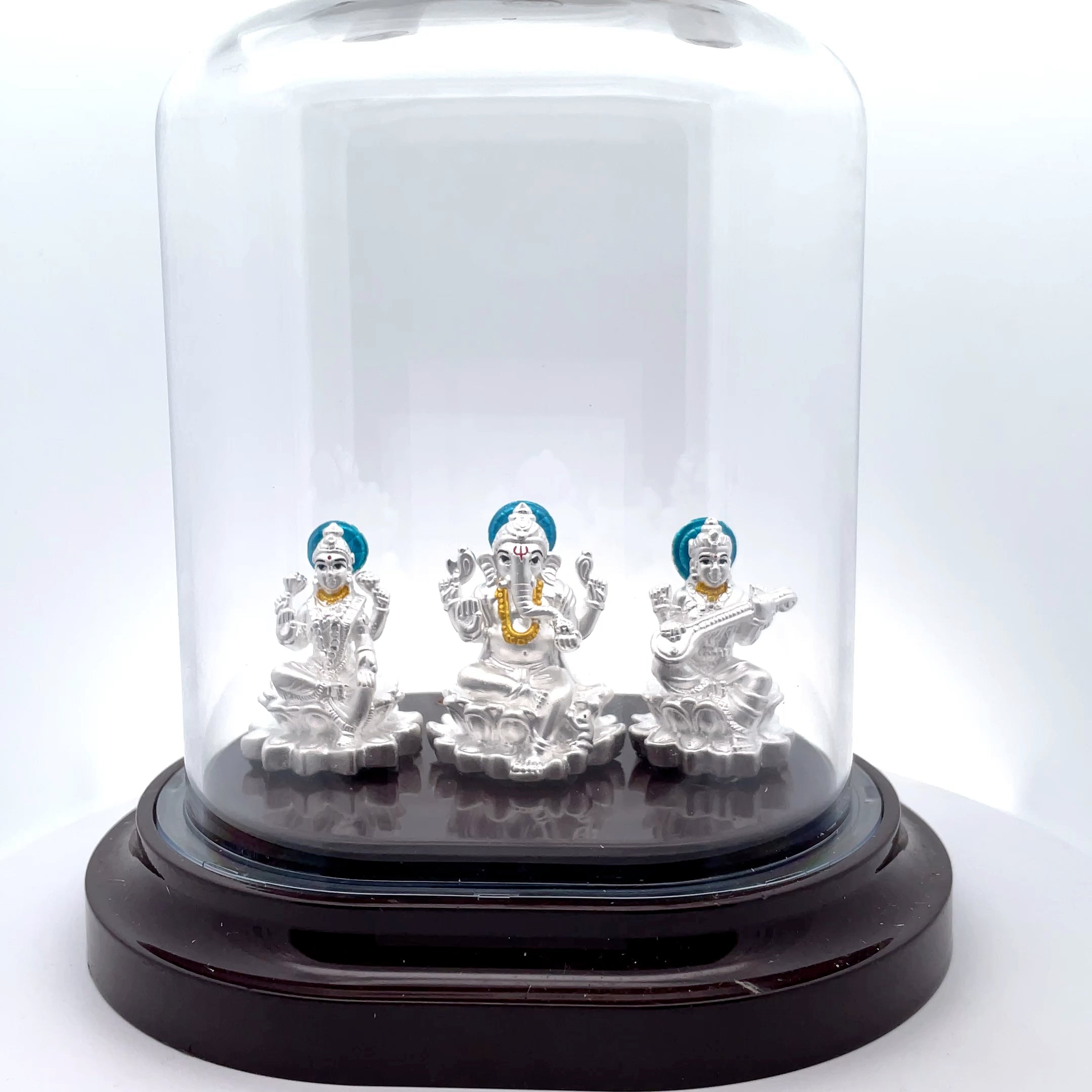 Elegant Silver Ganesh Lakshmi saraswathi  Deities in Glass Dome