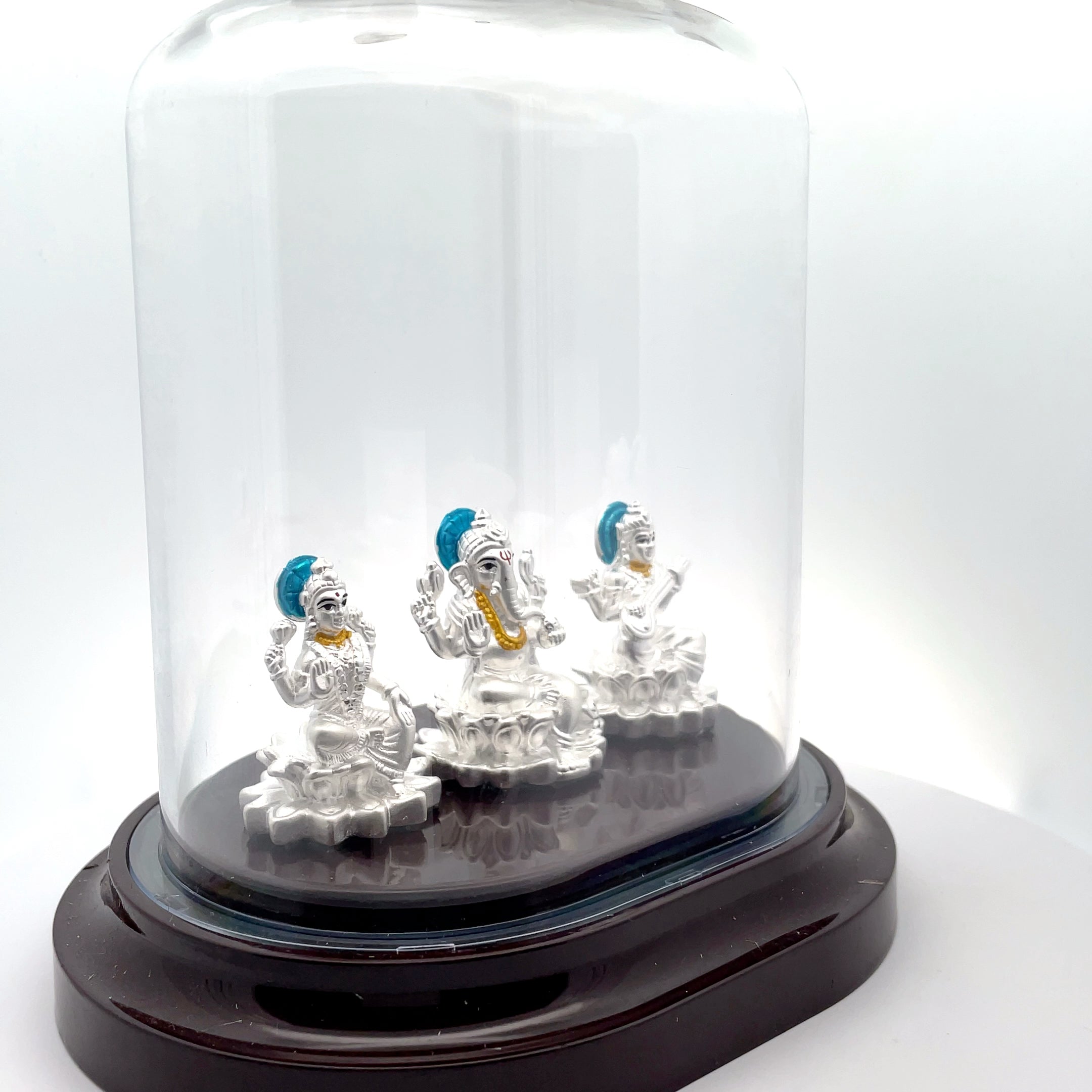 Elegant Silver Ganesh Lakshmi saraswathi  Deities in Glass Dome