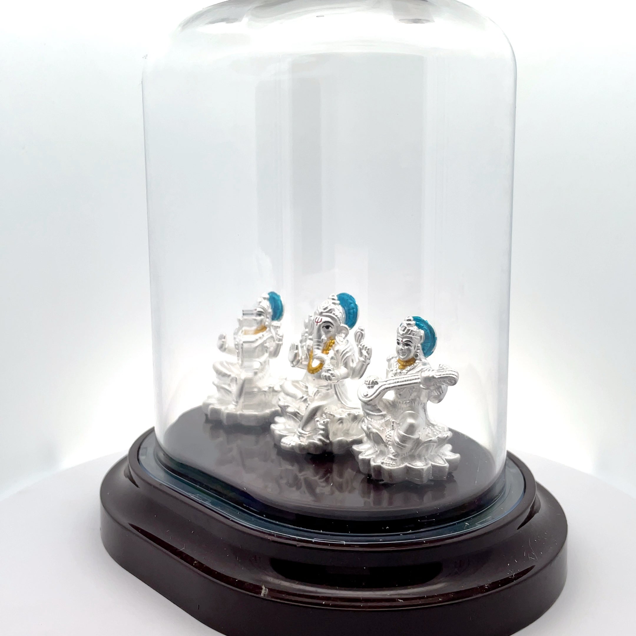 Elegant Silver Ganesh Lakshmi saraswathi  Deities in Glass Dome