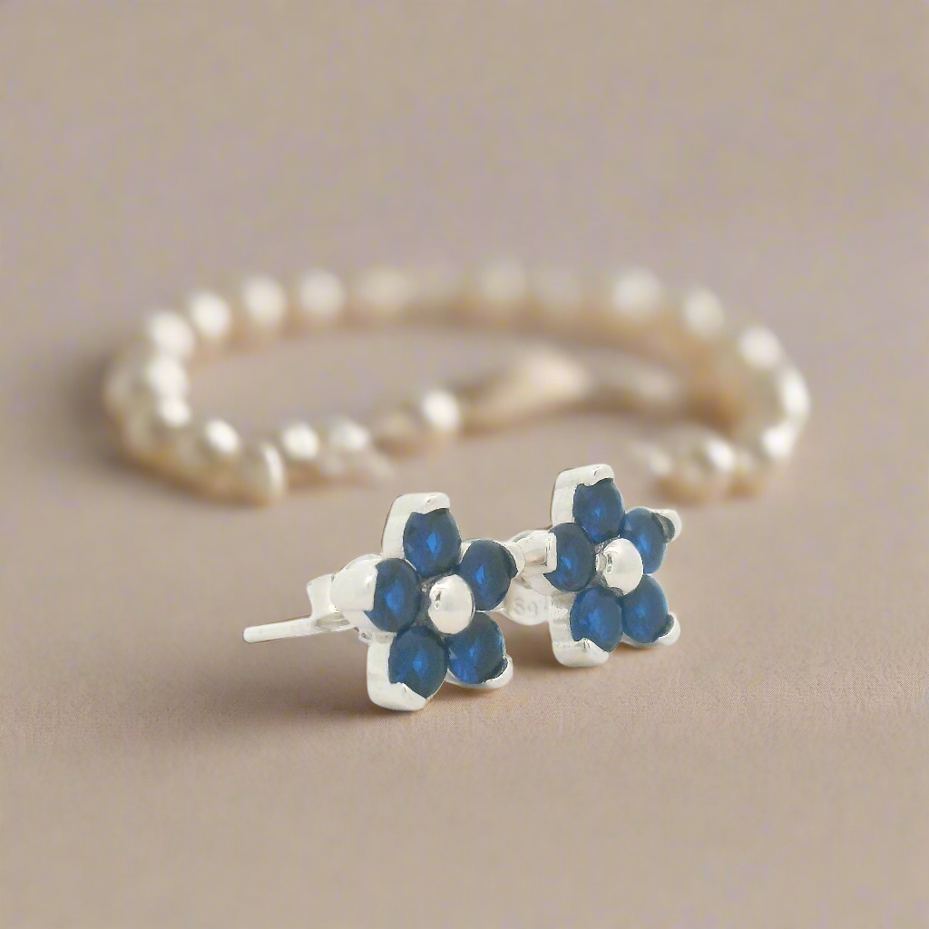 Blue Stone Flower Stud Earrings in Sterling Silver – Classic and Chic