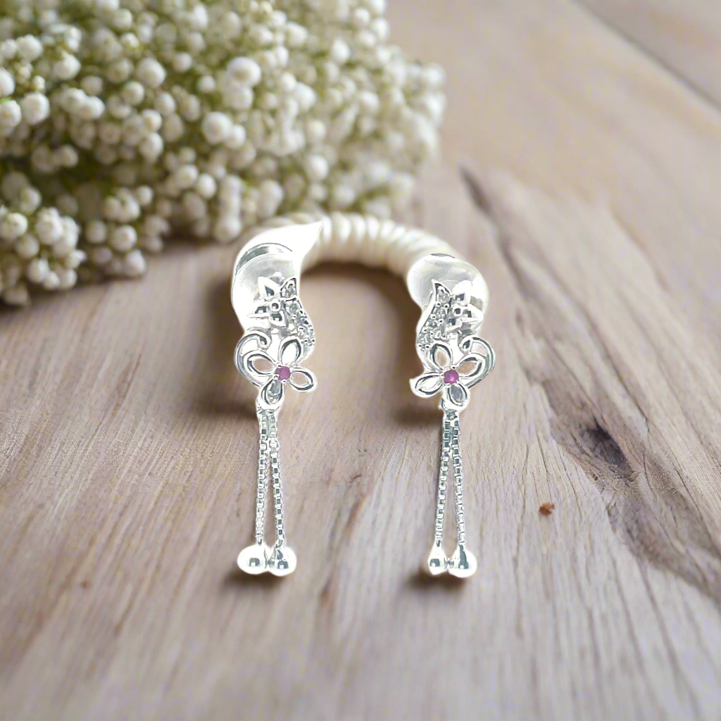 Silver Flower Drops Earrings
