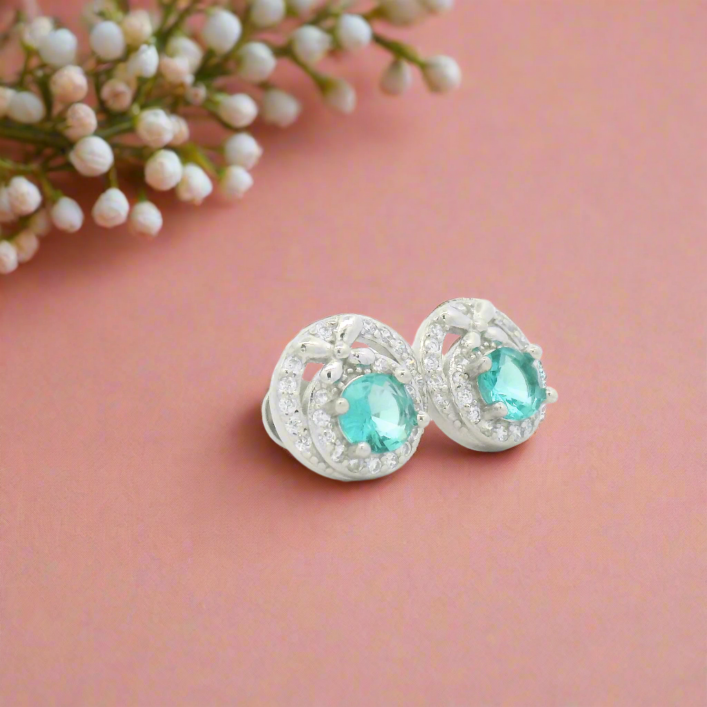 Green Gemstone Pearl Stud Earrings for Silver