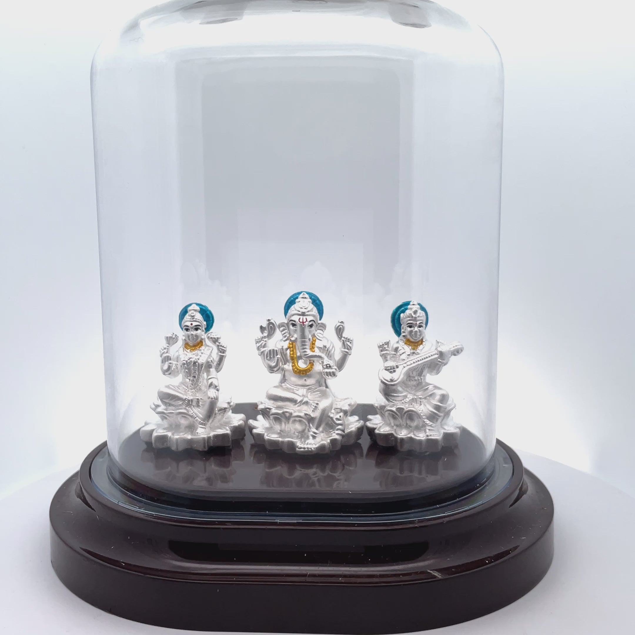 Elegant Silver Ganesh Lakshmi saraswathi  Deities in Glass Dome