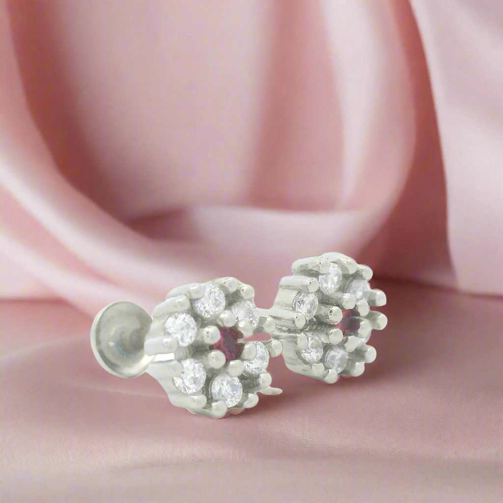 Pink Flower Gemstone Stud Earrings